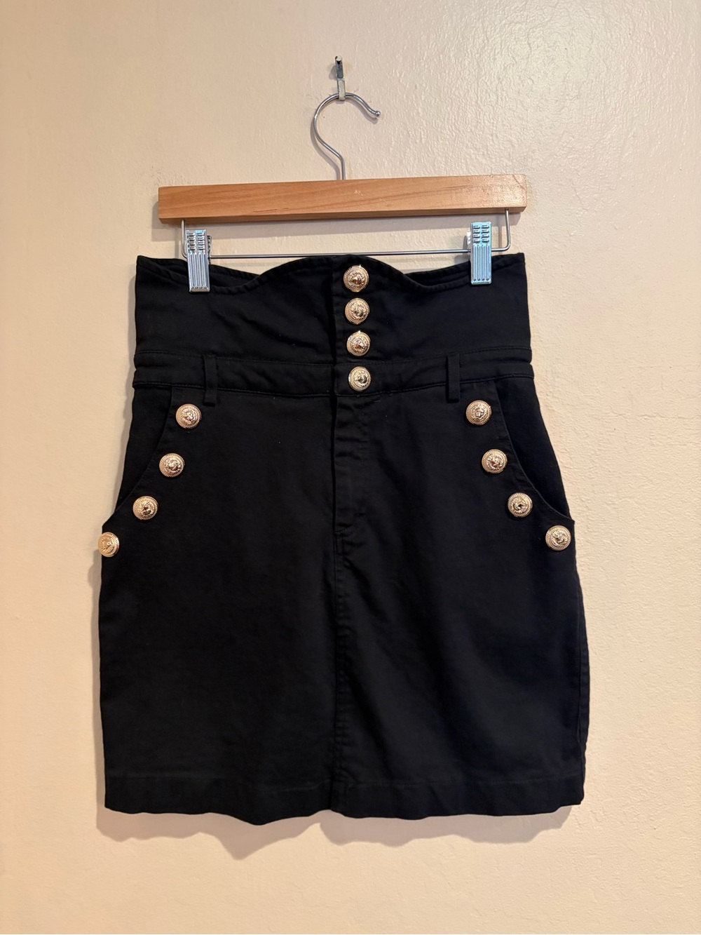 Black Denim Balmain Mini Skirt, w/ Big Gold Buttons and High Waist, size L